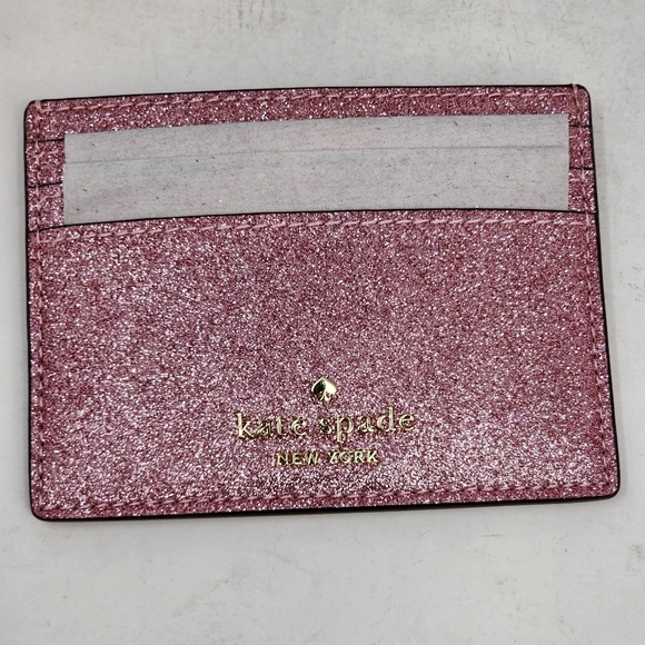 New Kate Spade Pink Leather Wallet Cardholder Small Gift Box Glitter Mitten Pink - Picture 3 of 13